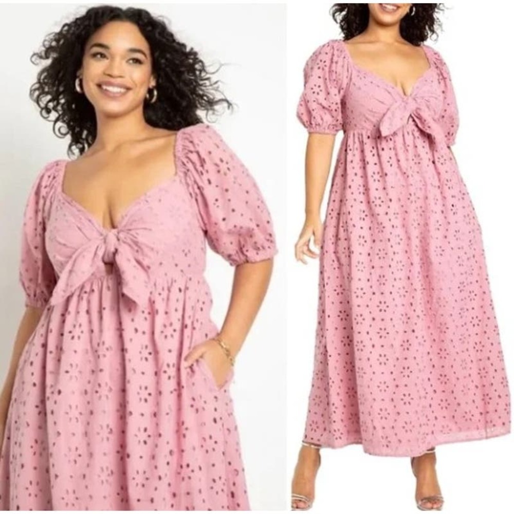 ELOQUII Women's Plus Size Eyelet Tie Front Full Skirted Maxi Dress Size 22 NWT